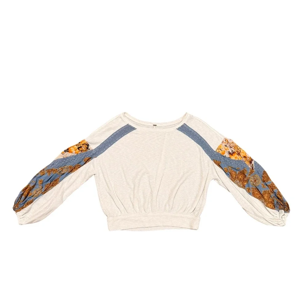 Free People Ivory Waffle Knit Thermal Balloon Sleeve Crochet Lace Top S Y2K Boho